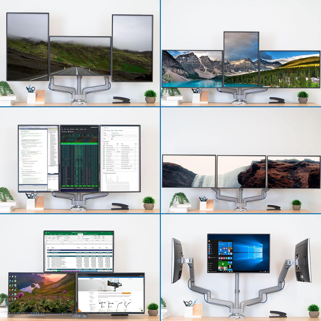 Triple Monitor Desk Mount with USB and Audio Ports, Height Adjustable for 24 27 30 32 Inch VESA Screens K9755