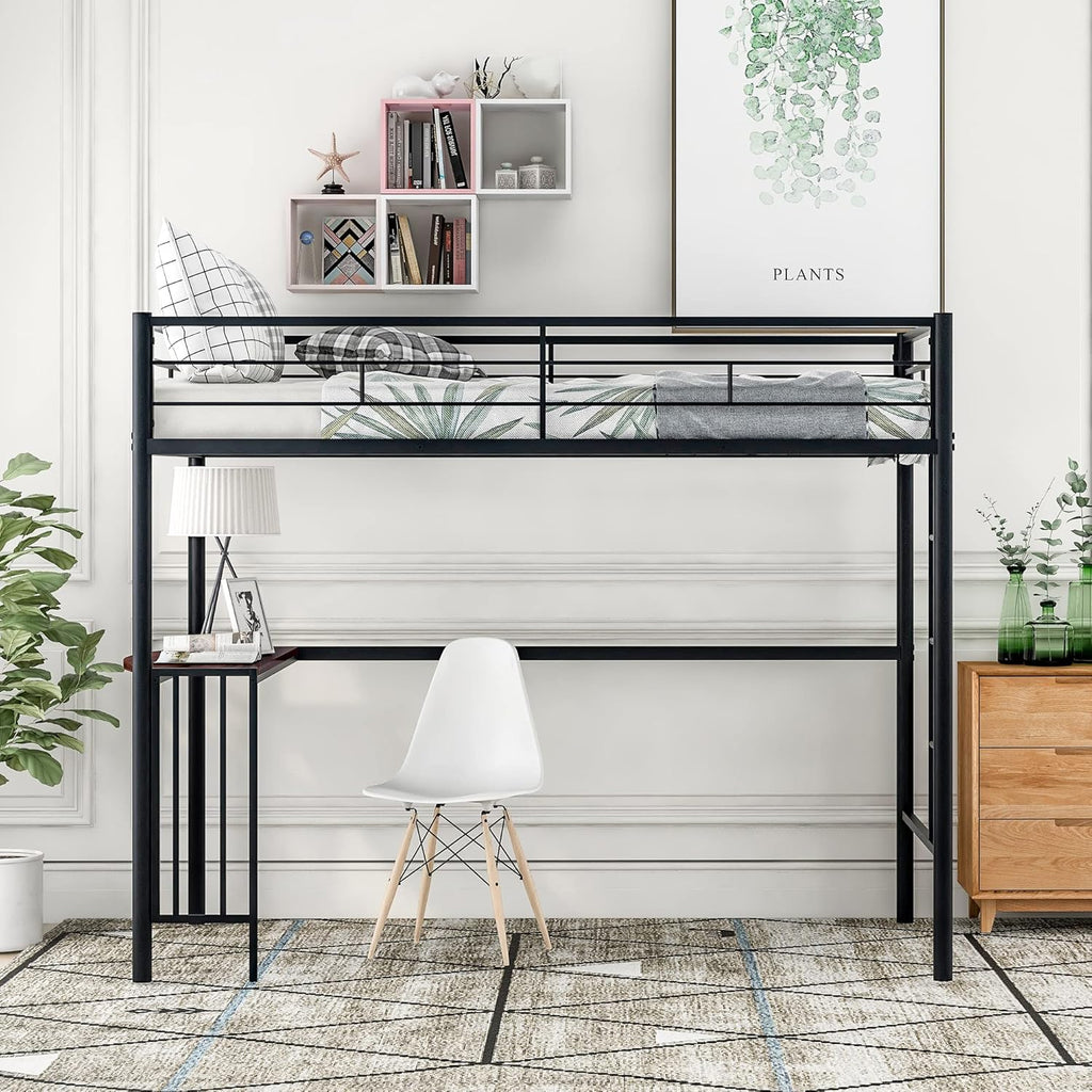 Twin Size Metal Loft Bed with Desk and Storage Shelves (Black) M532