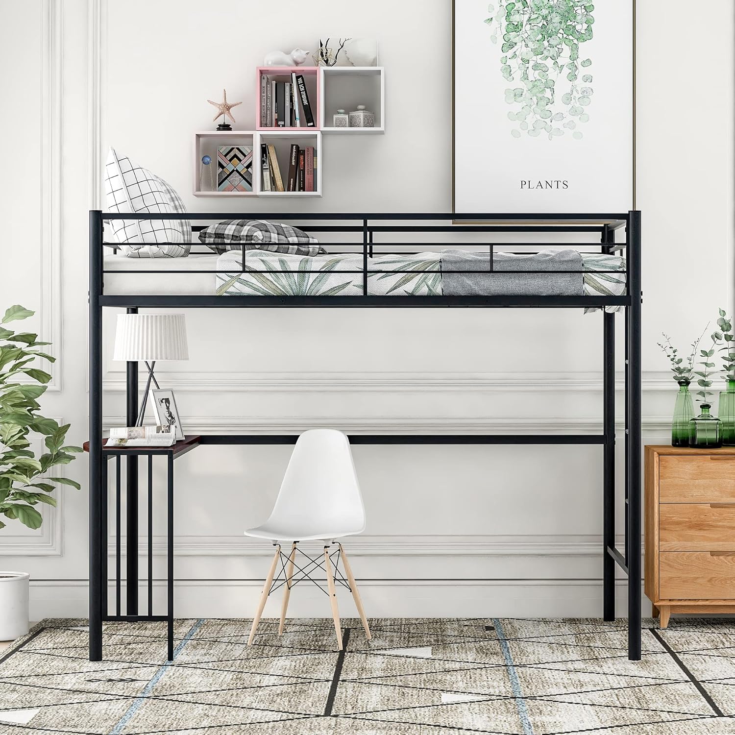Twin Size Metal Loft Bed with Desk and Storage Shelves (Black) M532