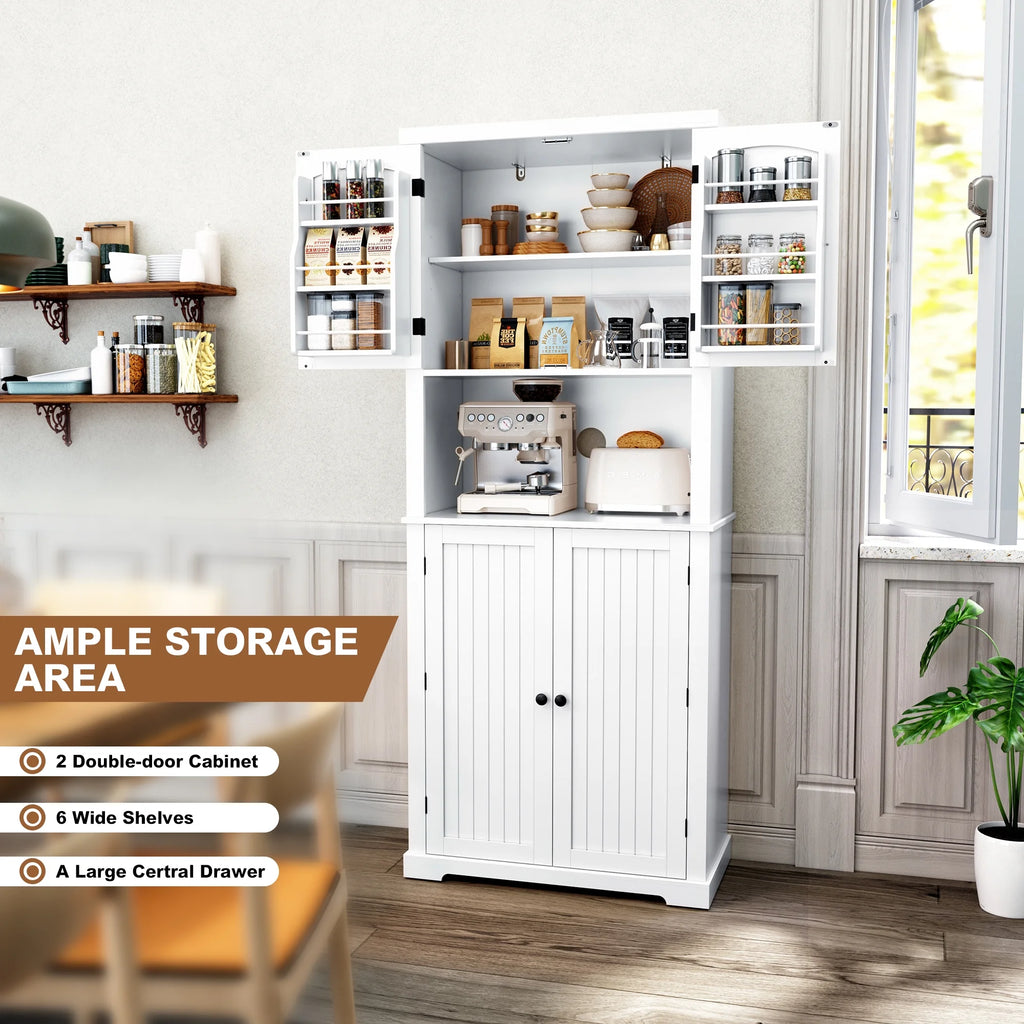 White 72" Kitchen Pantry Storage Cabinet with Microwave Stand H83806