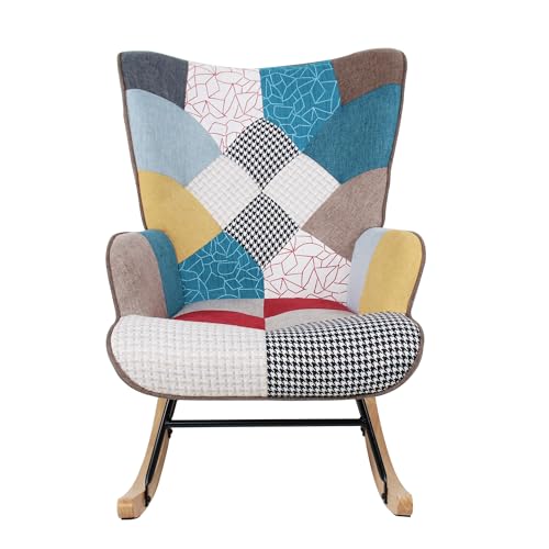 Patchwork Rocking Chair with Footstool and Pillow Fabric Upholstered High Back Lounge Chair 35''Lx 26''Wx37.8''H A390