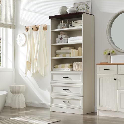 Antique White Tall Storage Cabinet with 3 Drawers and Adjustable Shelves F96942