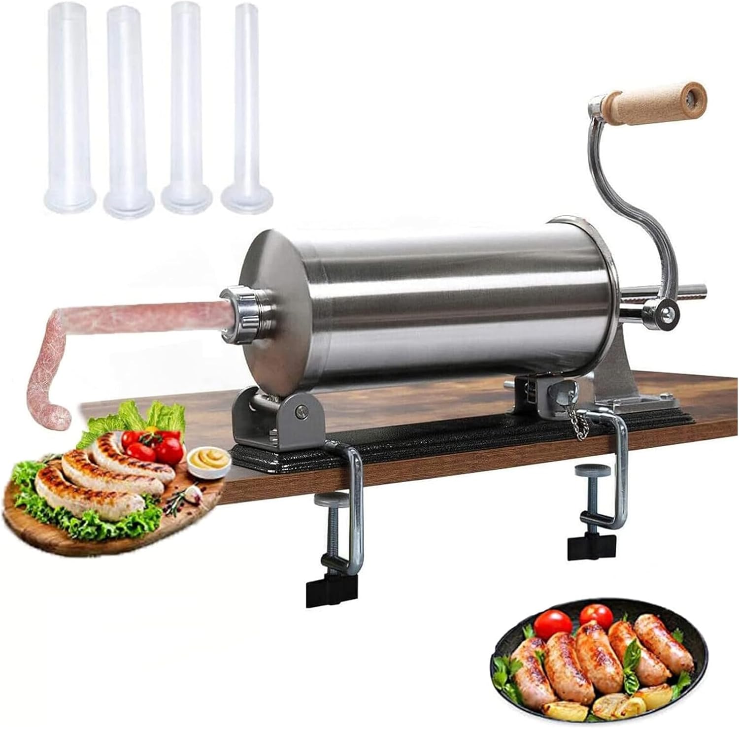 Stainless Steel Horizontal Sausage Stuffer Machine, 6LBS/3L, Manual Sausage Filler with 4 Filling Tubes D215