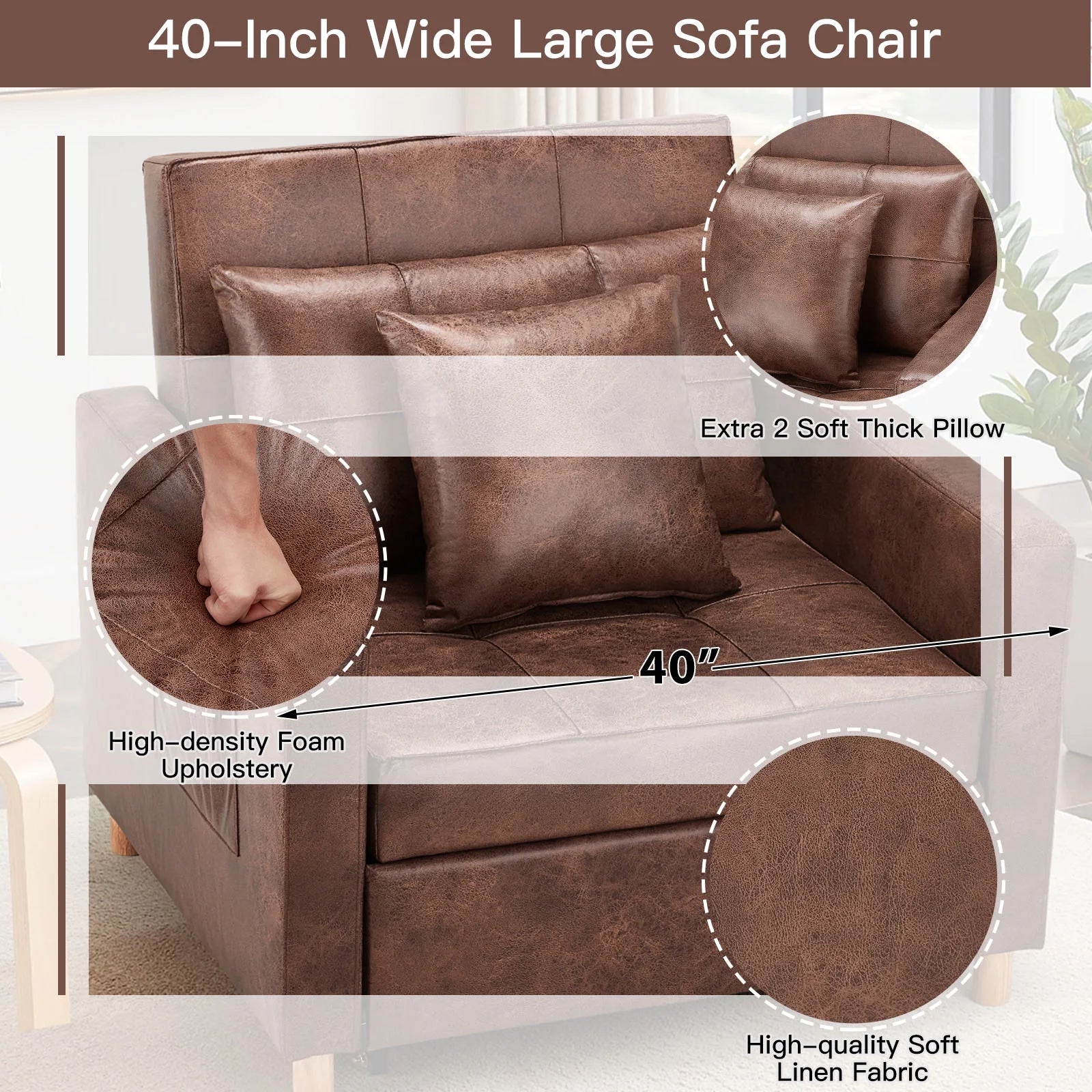 Saddle Brown 3-in-1 Convertible Sofa Bed Chair V175639