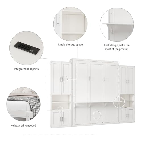 White Queen Murphy Bed with 2 Side Cabinet Storage Shelves A406915