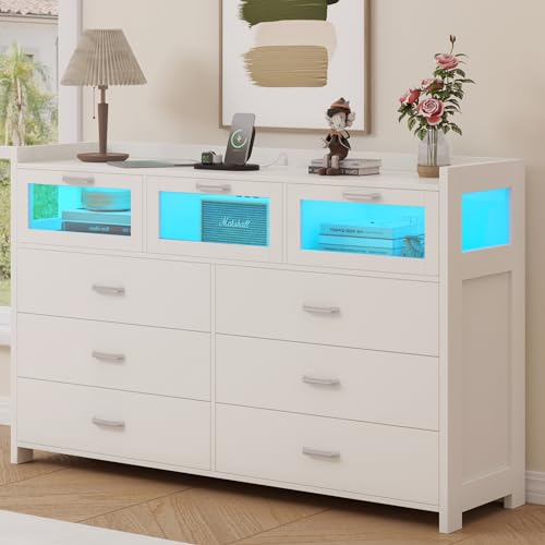 Black 9 Drawer Wood Dresser with LED Lights and Charging Station F487