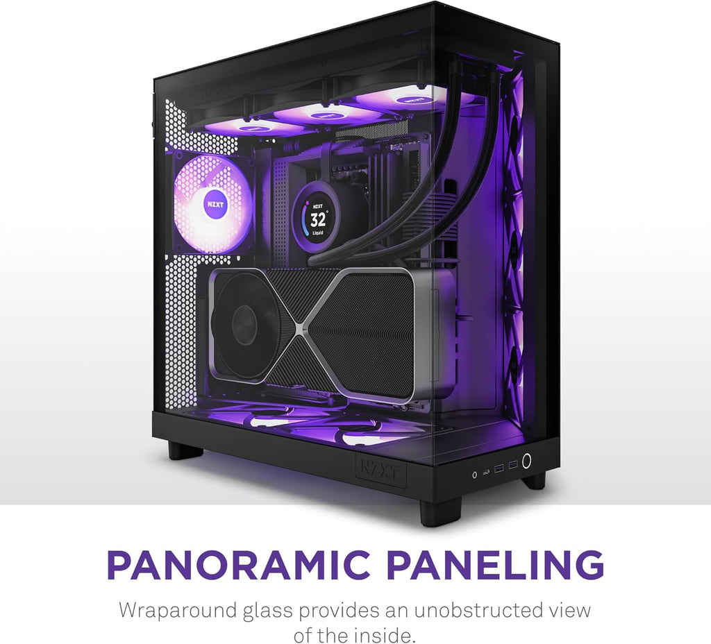 Mid-Tower Airflow Case with 3 RGB Fans, Panoramic Glass Panels, Cable Management & 360mm AIO CPU Liquid Cooler with Customizable LCD Display, High-Performance Pump, 3 Fans O646130