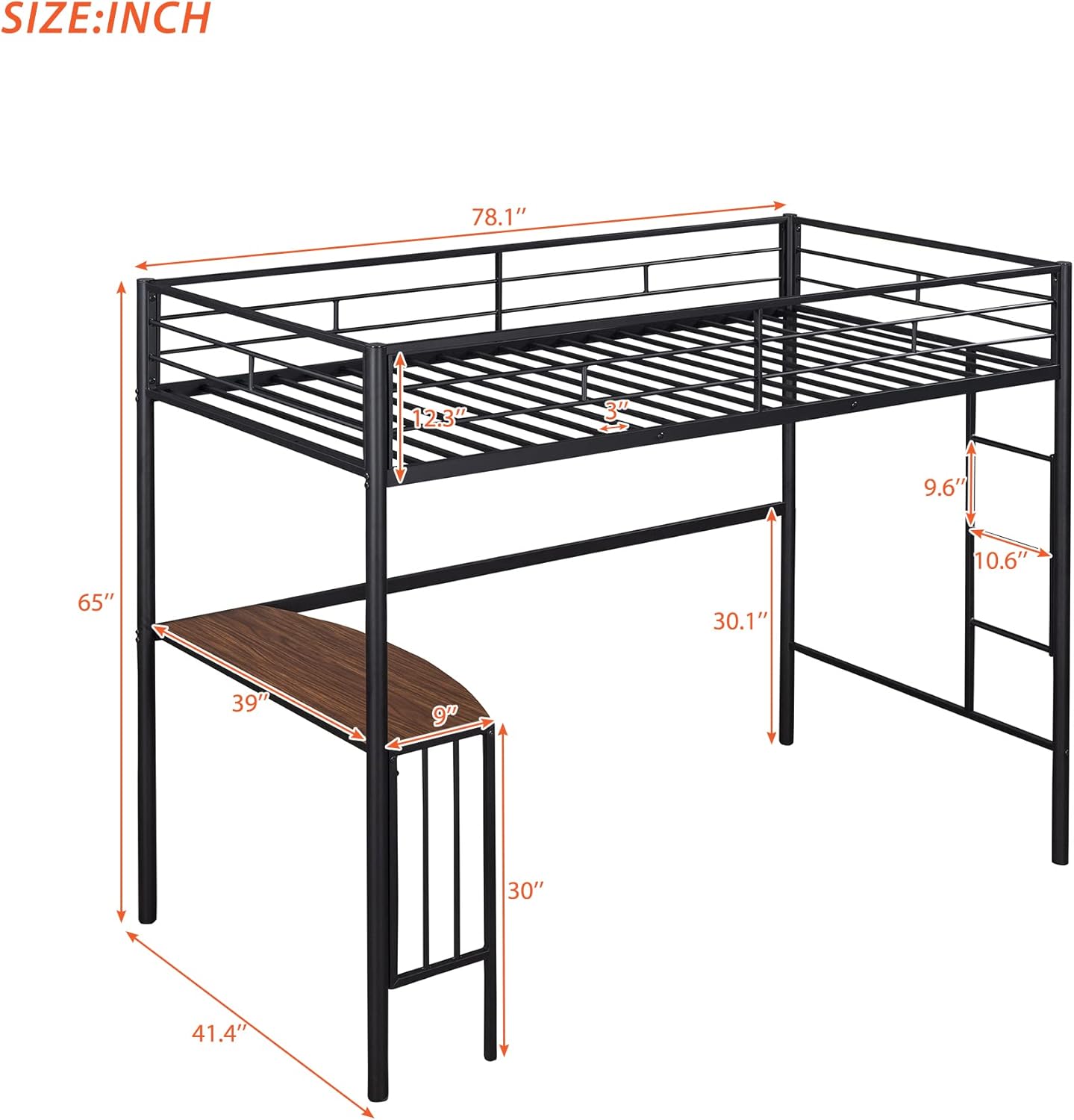 Twin Size Metal Loft Bed with Desk and Storage Shelves (Black) M532
