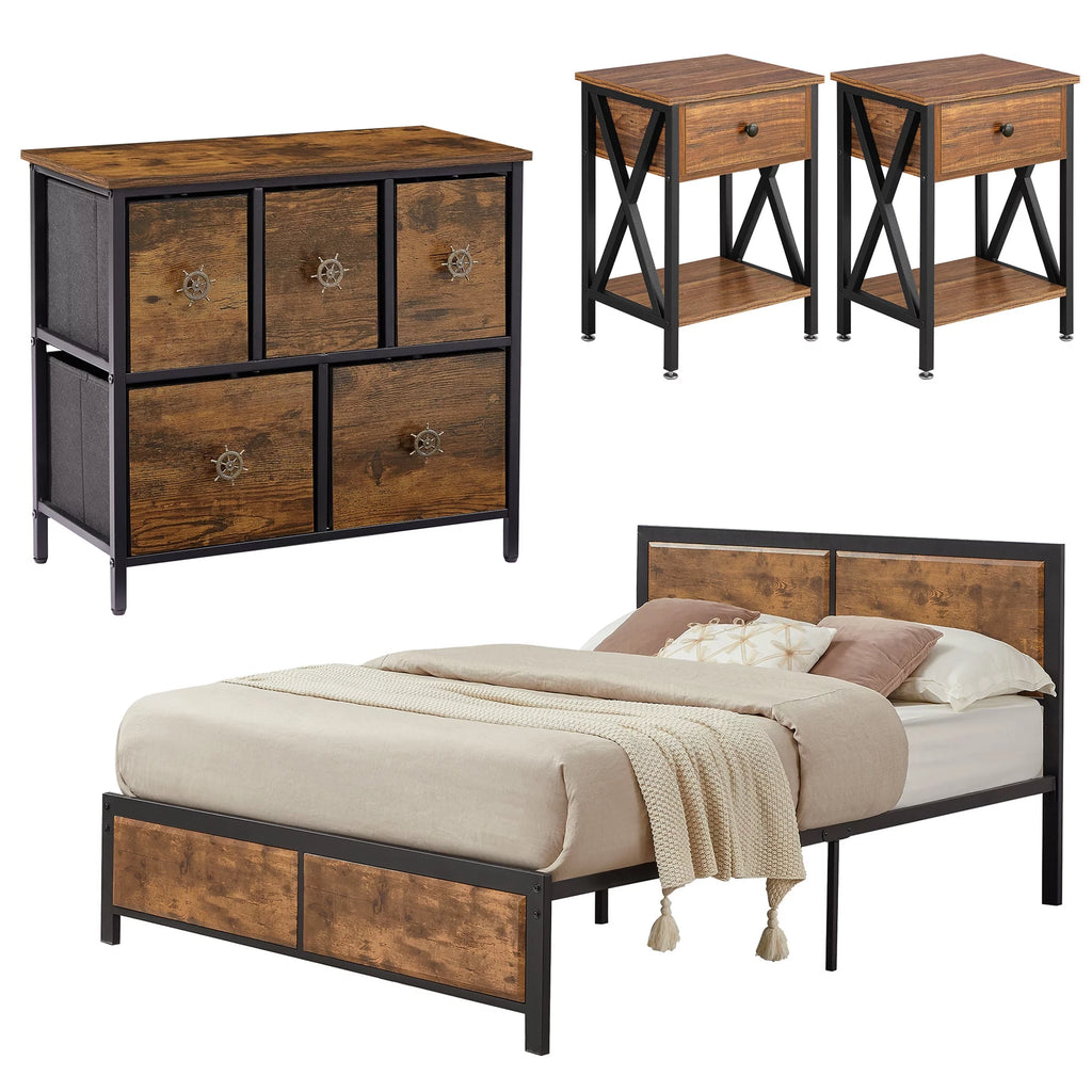 4-Piece Bedroom Set with Queen Size Platform Bed Frame & 5-Drawer Dresser & Two Nightstands, Brown L2401