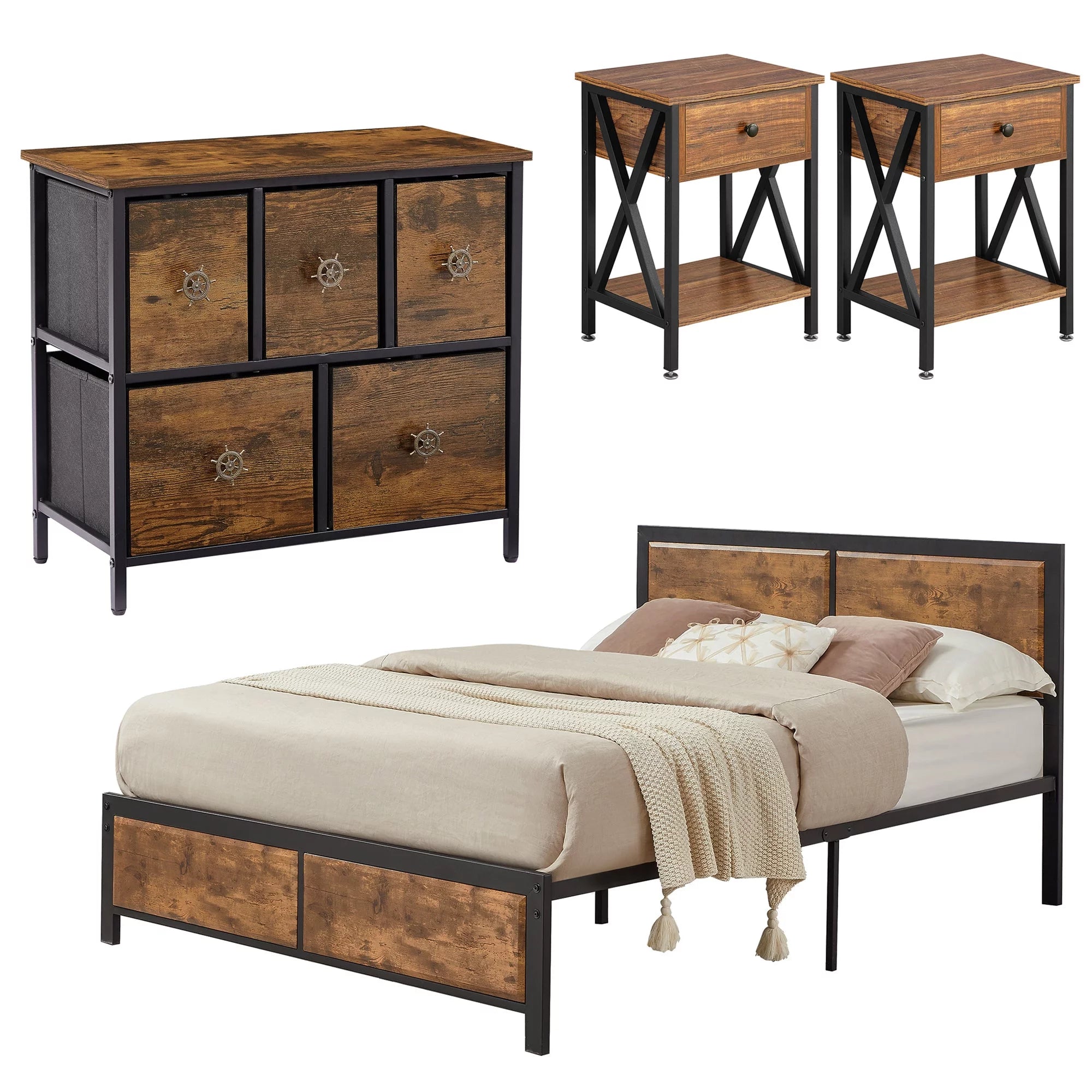 4-Piece Bedroom Set with Queen Size Platform Bed Frame & 5-Drawer Dresser & Two Nightstands, Brown L2401