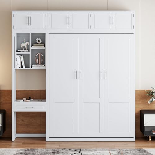 Queen Size Wood Murphy Bed with Desk and Storage Shelves W917164
