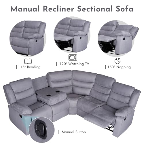 Grey Microfiber Manual Reclining Sectional Sofa with Cup Holders C231