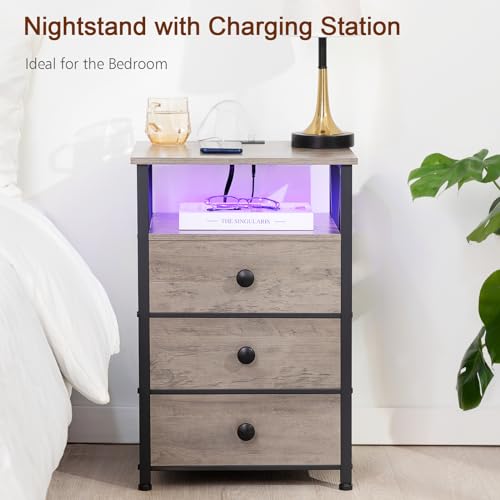Dark Grey LED Nightstand Set 2 with Fabric Drawers M30502