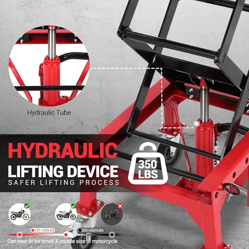 Hydraulic Motorcycle Lift Jack 350LBS, Foot Operated Scissor Lift Table, Heavy-Duty Steel Stand with Safety Lock & Wheels, Height Adjustable, Oil Drain Hole S256