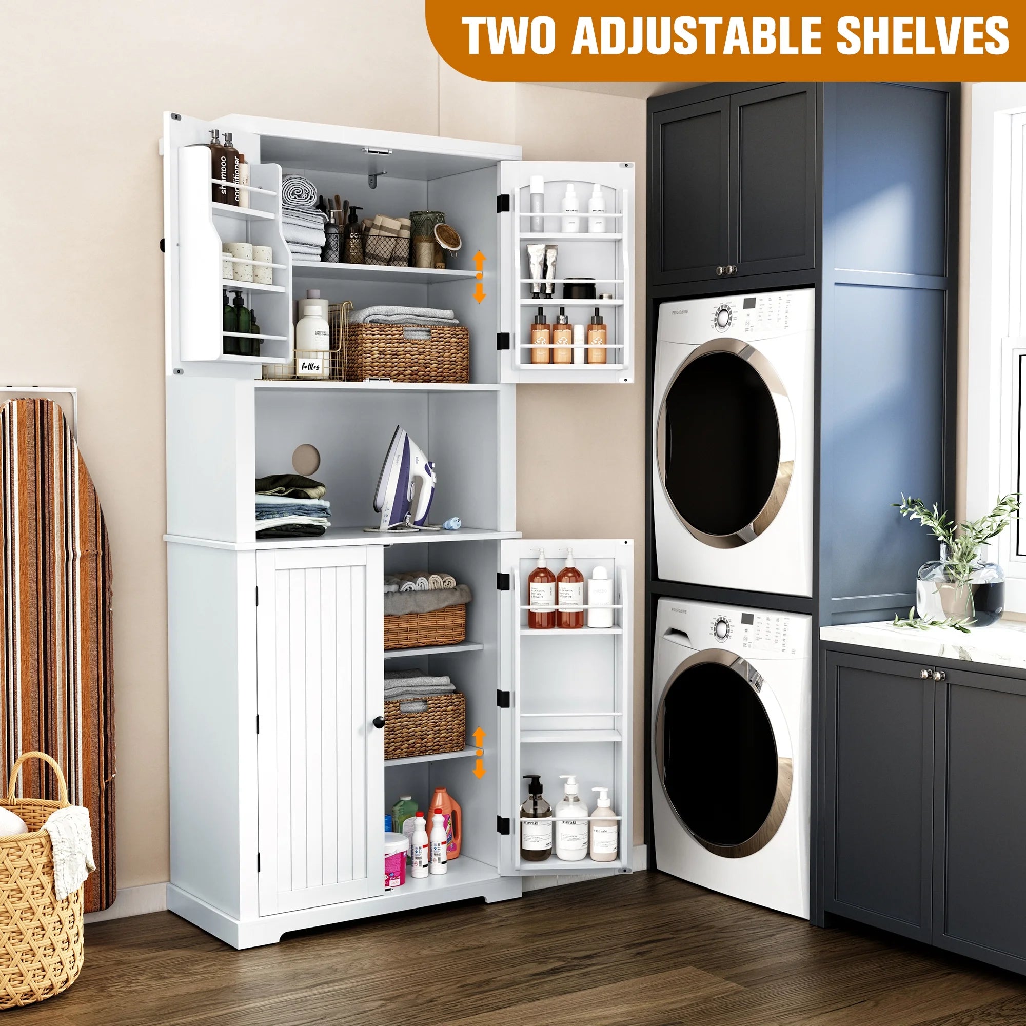 White 72" Kitchen Pantry Storage Cabinet with Microwave Stand H83806