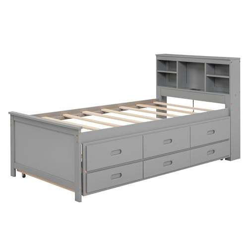 Gray Full Size Bookcase Bed with Trundle and Storage Drawers L29631