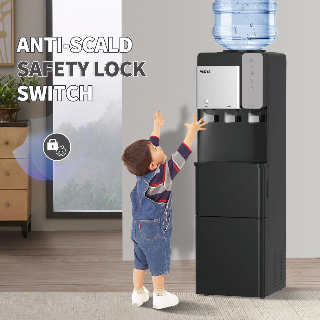 Water Dispenser Cooler with Ice Maker, 27LBS Daily Ice Making, Hot Cold Water, Child Safety Lock, Compatible with 3 or 5 Gallon Bottles I501546