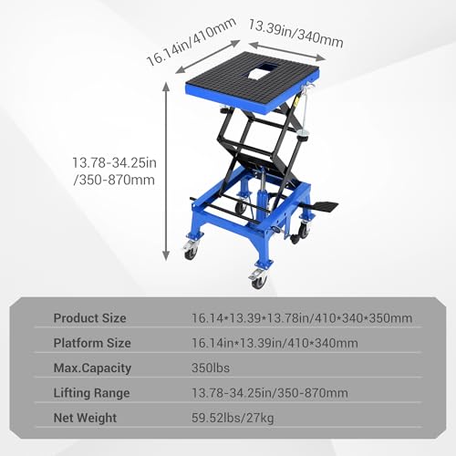 Hydraulic Motorcycle Lift Jack 350LBS, Foot Operated Scissor Lift Table, Heavy-Duty Steel Stand with Safety Lock & Wheels, Height Adjustable, Oil Drain Hole S256