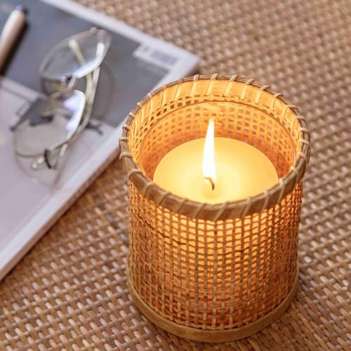Rattan Woven Hurricane Glass Candle Holders J2241