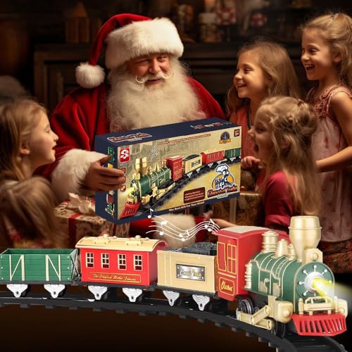 Electric Christmas Train Set with Lights and Sounds, 3 Cars & 10 Train Tracks J400386