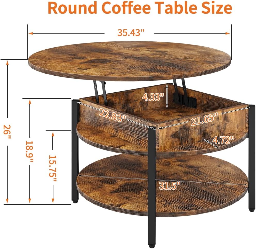 Round Lift Top Coffee Table with Storage and Hidden Compartment, 35.43 in Rustic Brown S2893