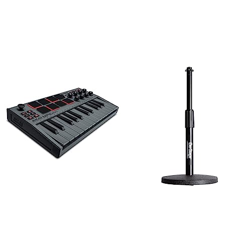 25 Key USB MIDI Keyboard Controller with 8 Backlit Drum Pads, Grey & Adjustable Desktop Microphone Stand, Black Z952911
