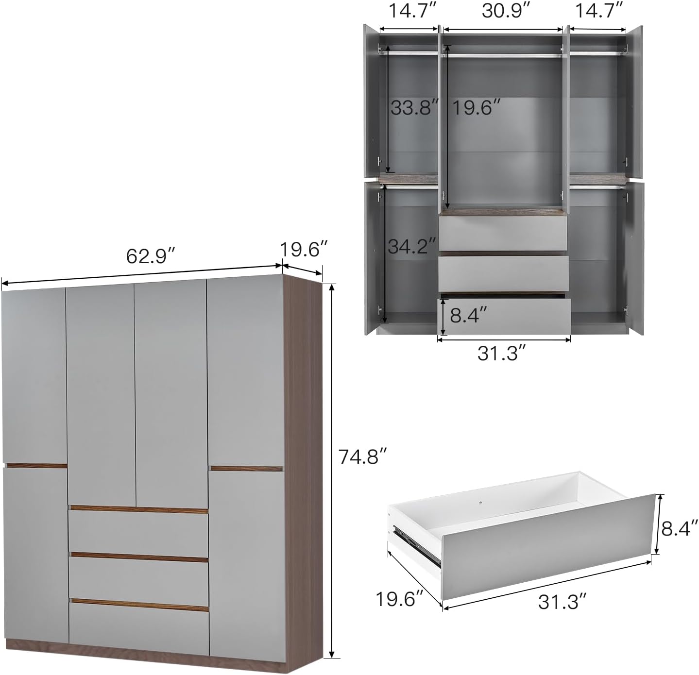 Gray 4-Door 3 Drawer Wooden Armoire Wardrobe V847