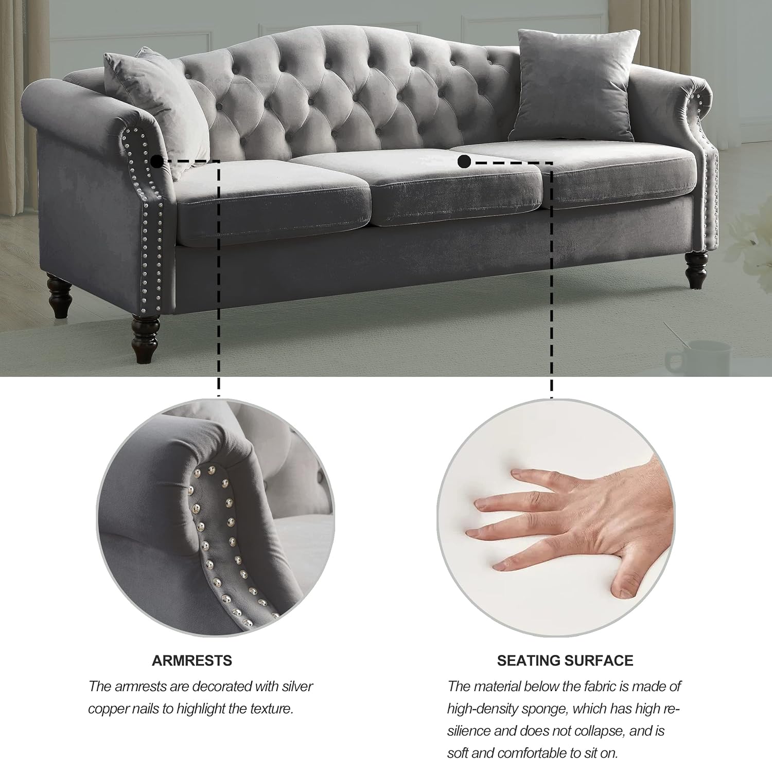 Grey Velvet 3 Seater Chesterfield Sofa N24926