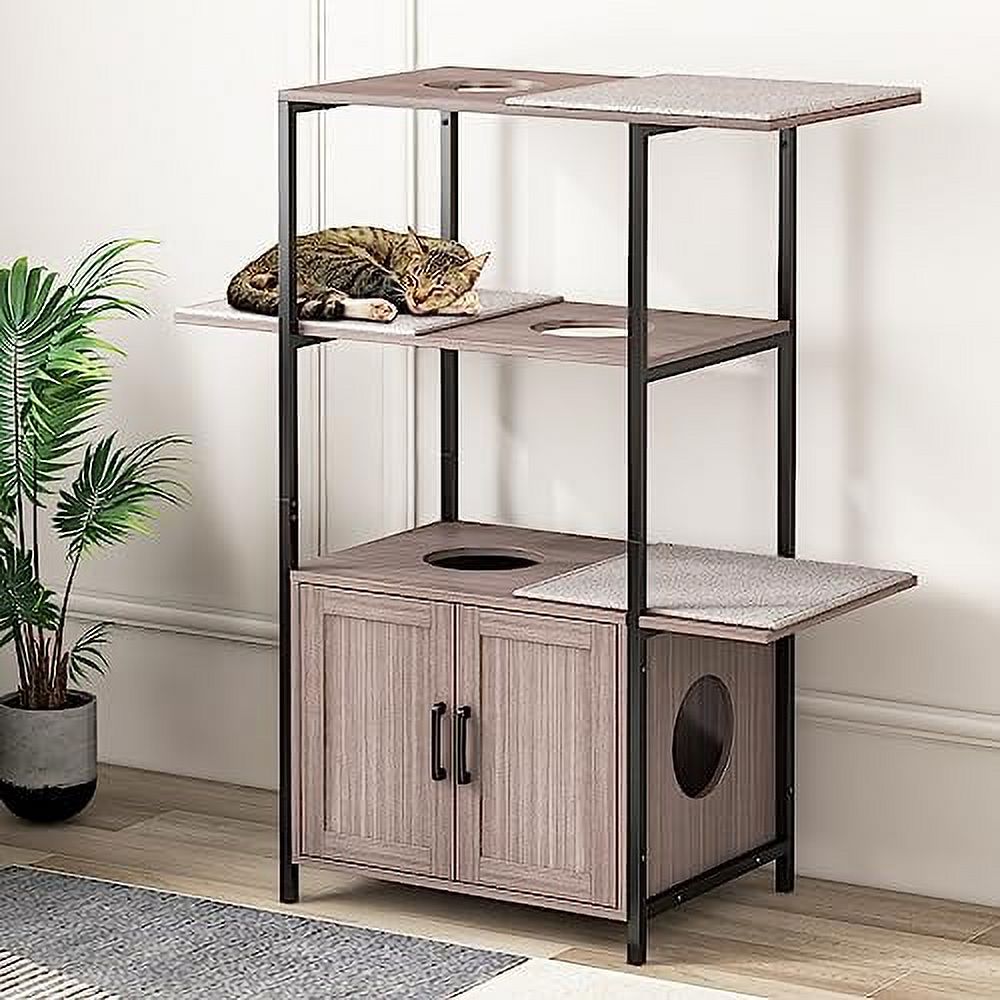Cat Tree with Litter Box Enclosure, 3-Tier Cat Tower, 3 Removable Washable Cushions E88531