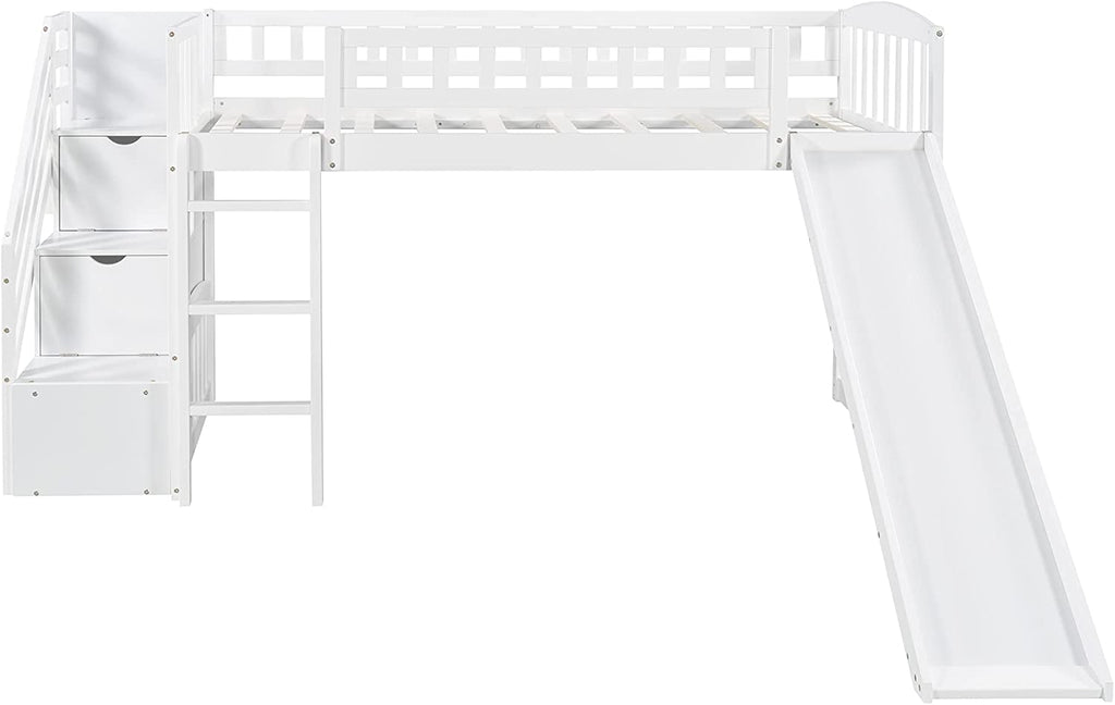 White Wooden Low Loft Bed Frame With Storage U242