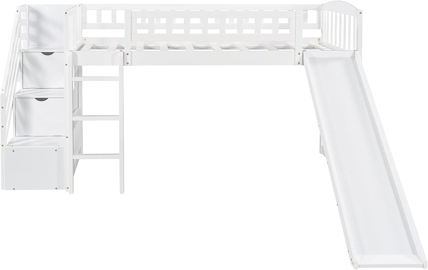 White Wooden Low Loft Bed Frame With Storage U242