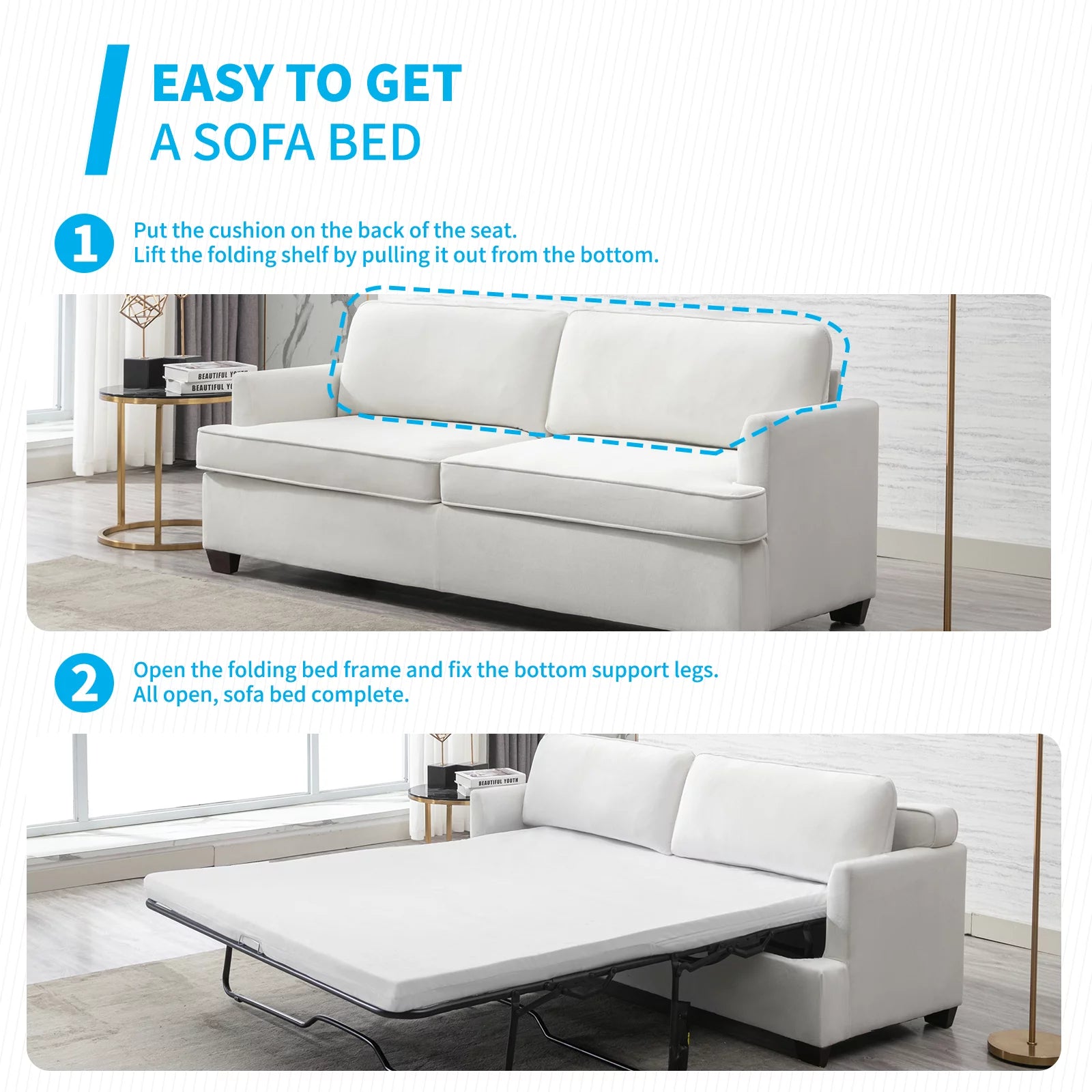 Beige Velvet Queen Size Pull Out Sofa Bed with Foam Mattress N1754