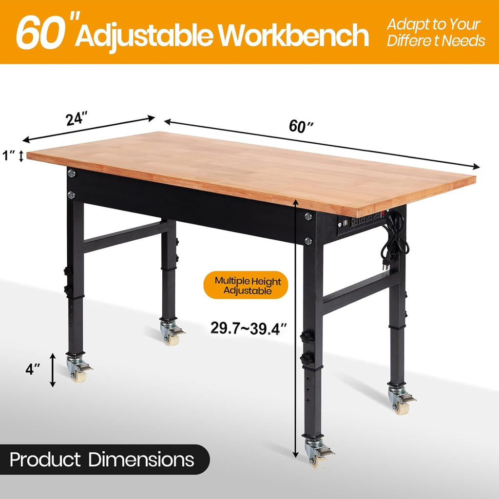 60" Adjustable Work Bench with Rubber Wood Top and Power Outlet K4322