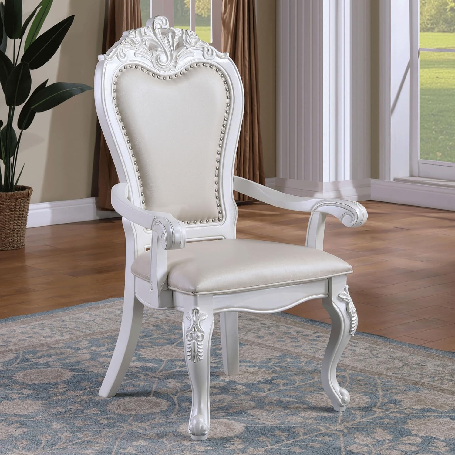Solid Wood 7-Piece Dining Set with Expandable Table and 6 Leather Padded Side Chairs, White V884042