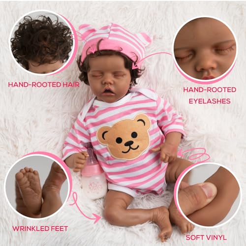 Realistic Reborn Baby Dolls, Silicone Soft Body Black Lifelike Reborn Babies with Feeding Kit & Gift Box D9534