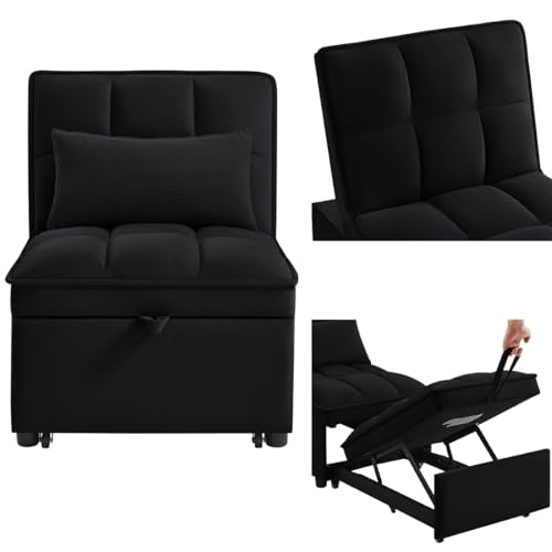 Navy Velvet Convertible Sleeper Sofa Chair with Storage Pockets W99931