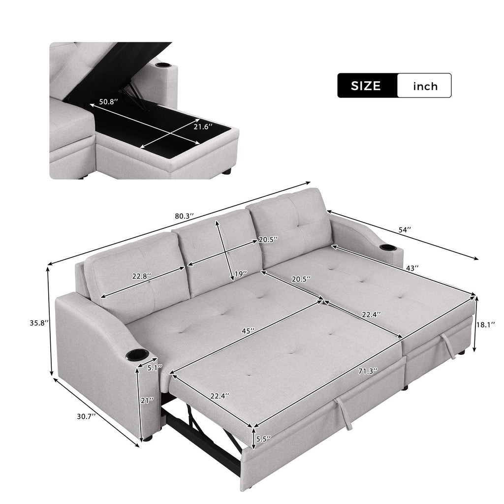 Gray Linen 3 Seater L Shape Sofa with Storage Chaise E536286