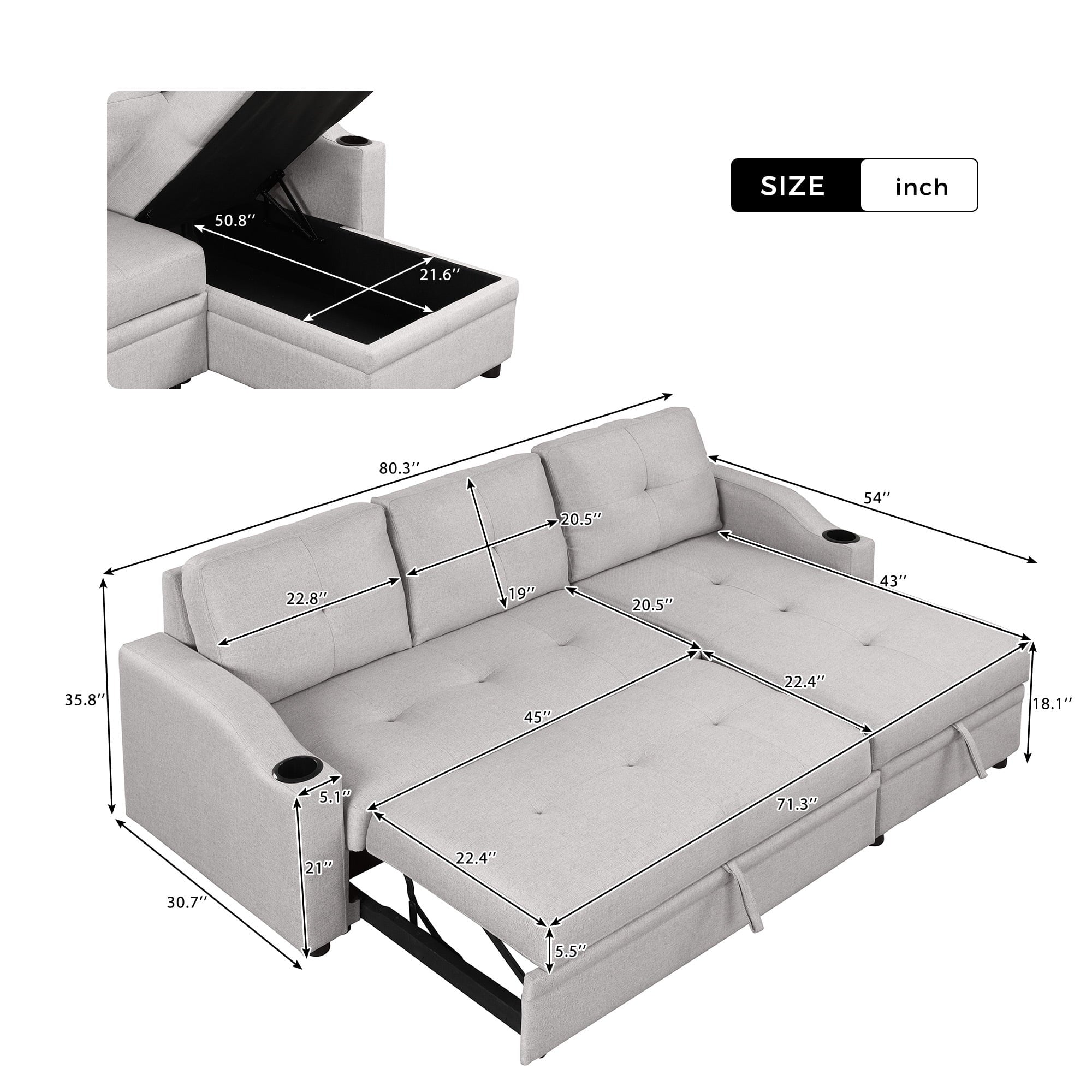 Gray Linen 3 Seater L Shape Sofa with Storage Chaise E536286