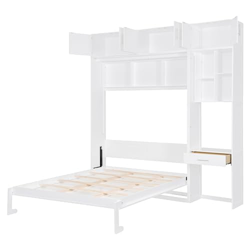Queen Size Wood Murphy Bed with Desk and Storage Shelves W917164
