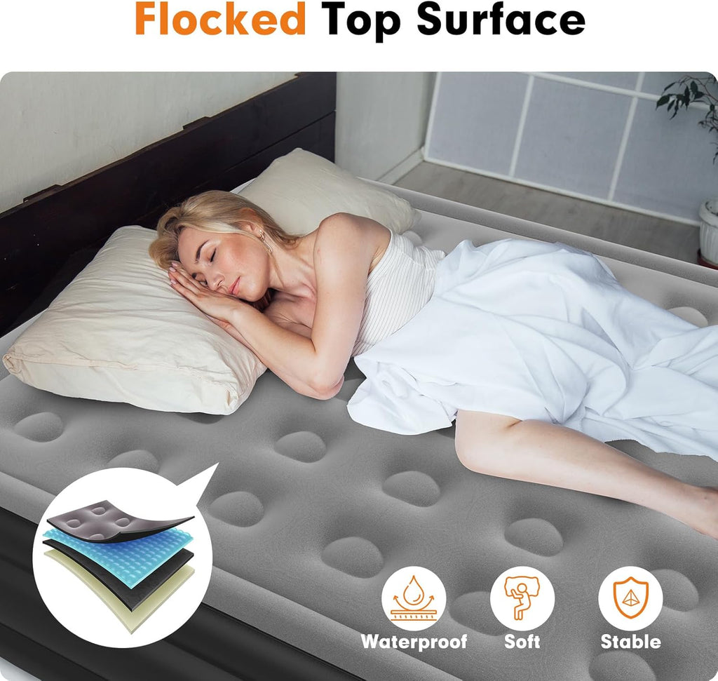 Queen Self Inflating Air Mattress 18" High with Built in Double Pump A1861