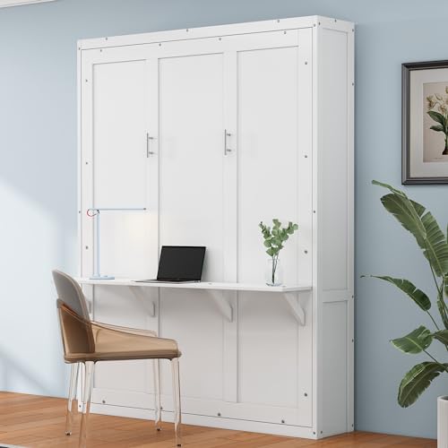 White Queen Murphy Bed with 2 Side Cabinet Storage Shelves A406915