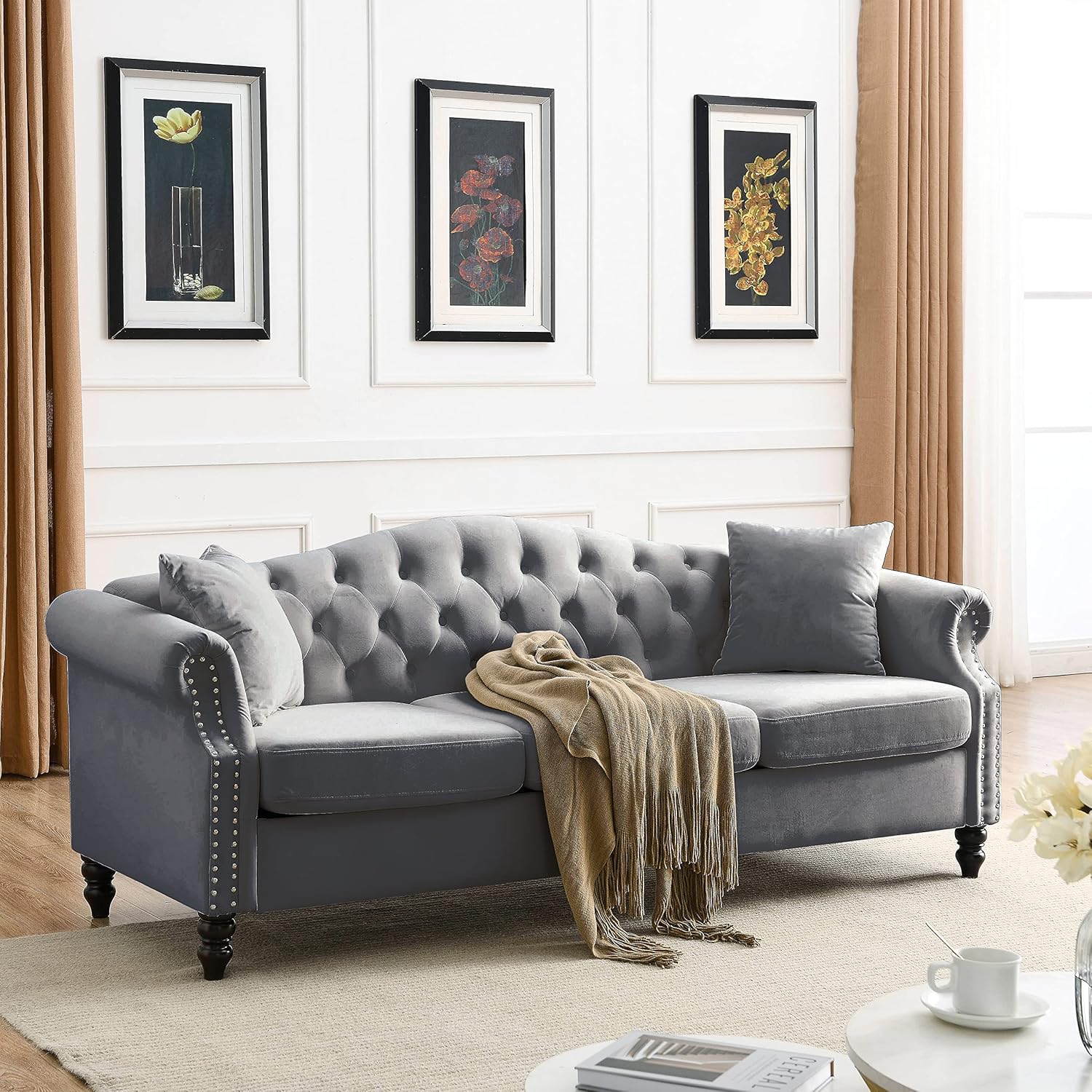 Grey Velvet 3 Seater Chesterfield Sofa N24926
