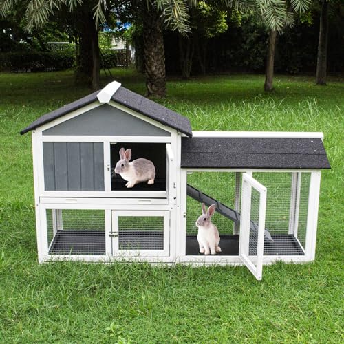 Rabbit Hutch with Running Board, Wooden Pet House with Slide and Pull-Out Tray V7119