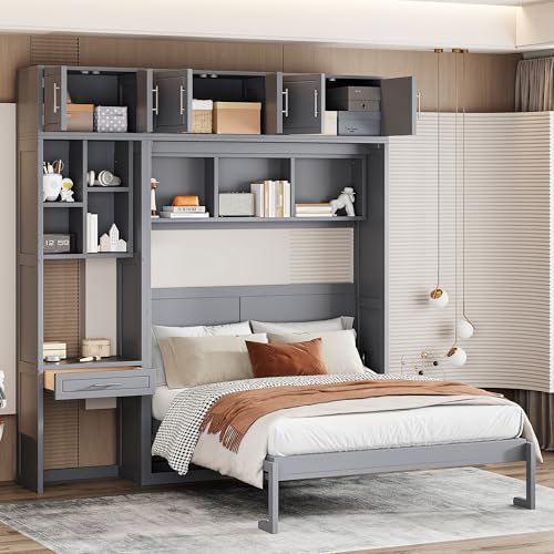 White Full Size Wood Murphy Bed with Desk and Storage Shelves A97733