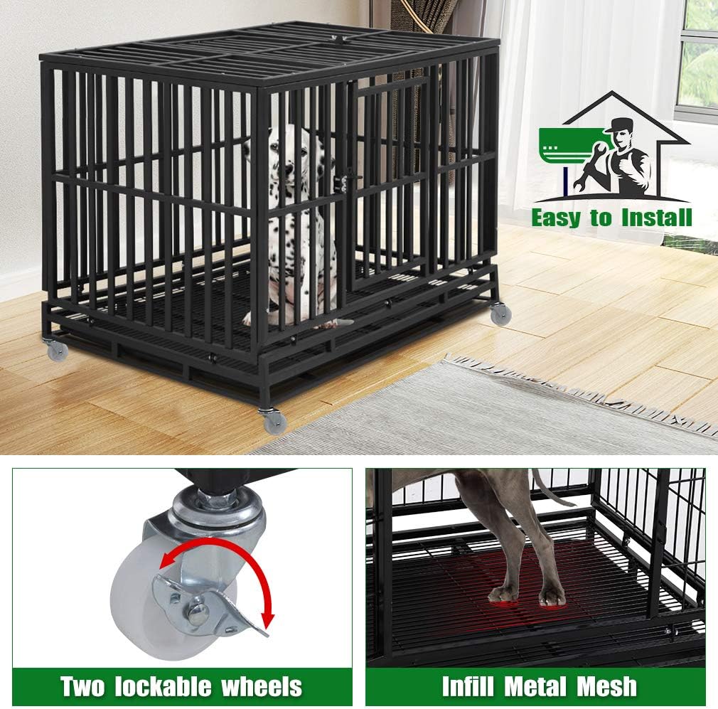 Black 48 Inches Dog Crate with Plastic Tray Double Doors K631092