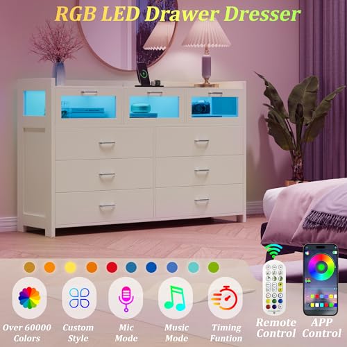 Black 9 Drawer Wood Dresser with LED Lights and Charging Station F487