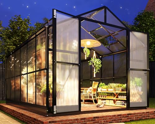 8x12 FT Polycarbonate Greenhouse with 2 Swing Doors Black E1566