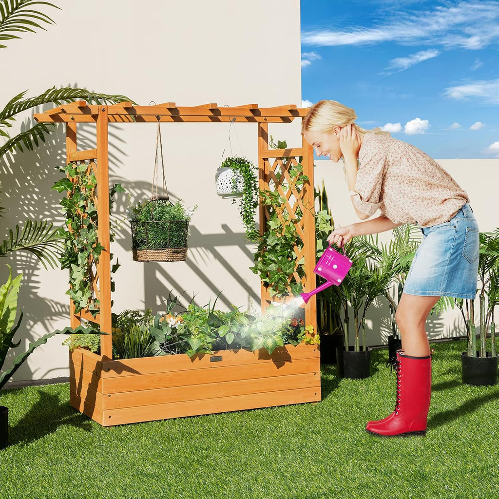 Wood Raised Garden Bed with Trellis W25542