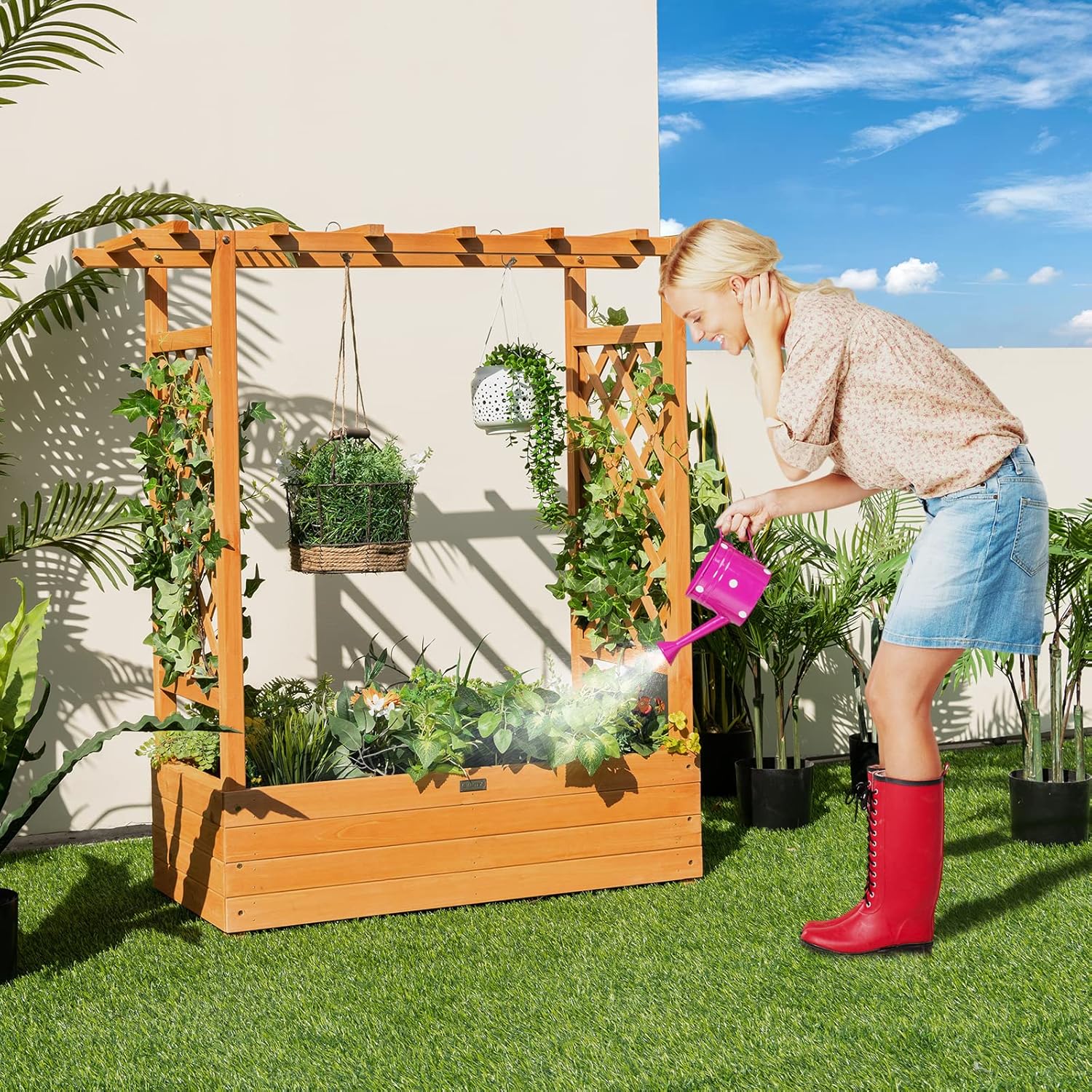 Wood Raised Garden Bed with Trellis W25542
