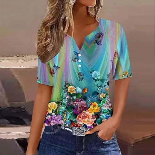 Womens Short Sleeve Henley Neck Button Up Shirts Loose Fit Blouses V1727